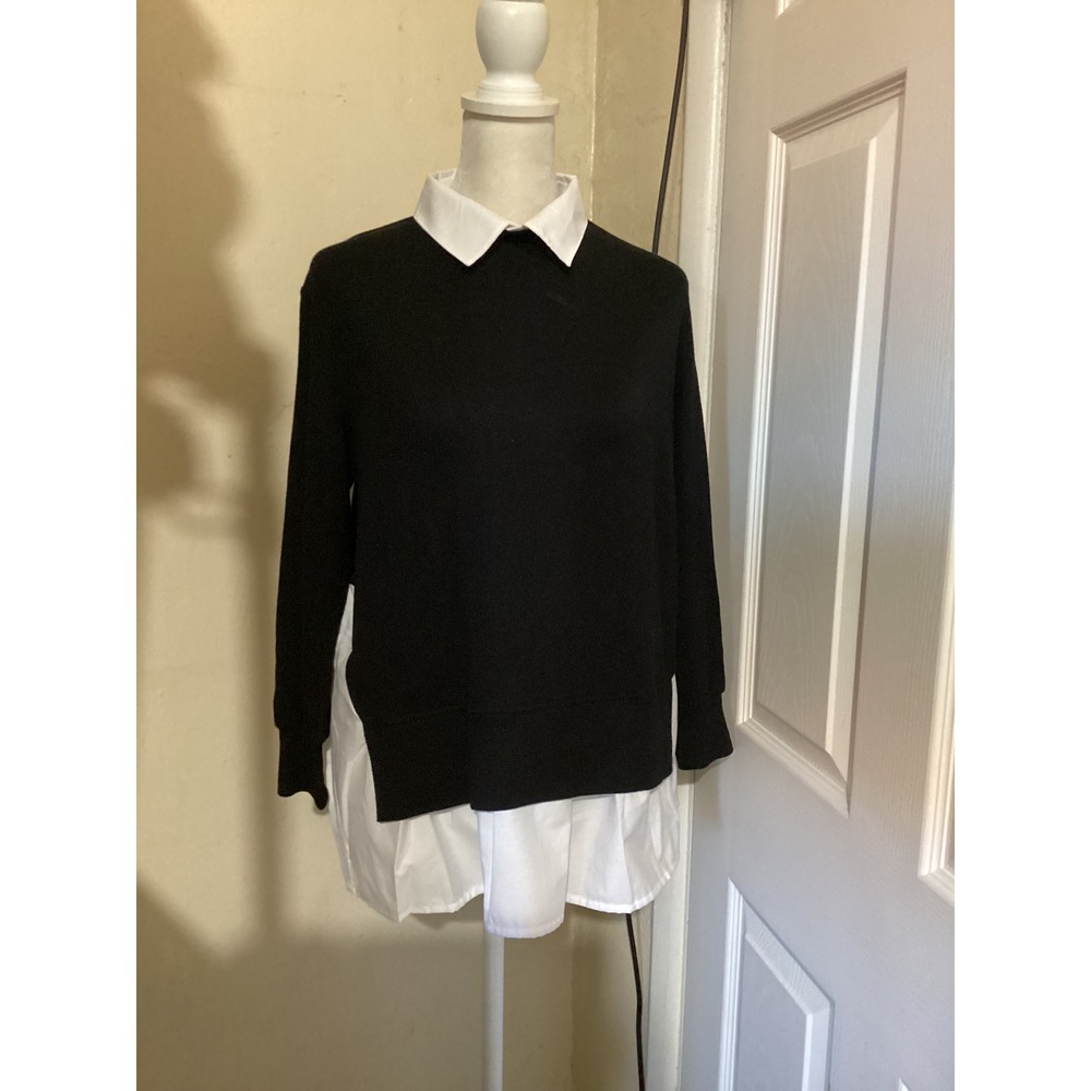 French Connection Women Small Black White Layered Look Collared Pleated Sweater